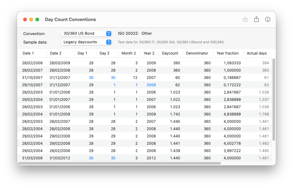 Day count conventions window